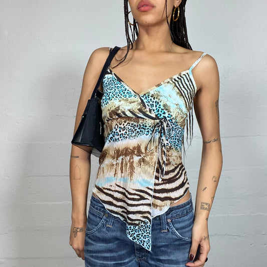 Vintage 2000's Snooki Blue and Beige Asymmetric Top with Zebra and Leo Print (S)