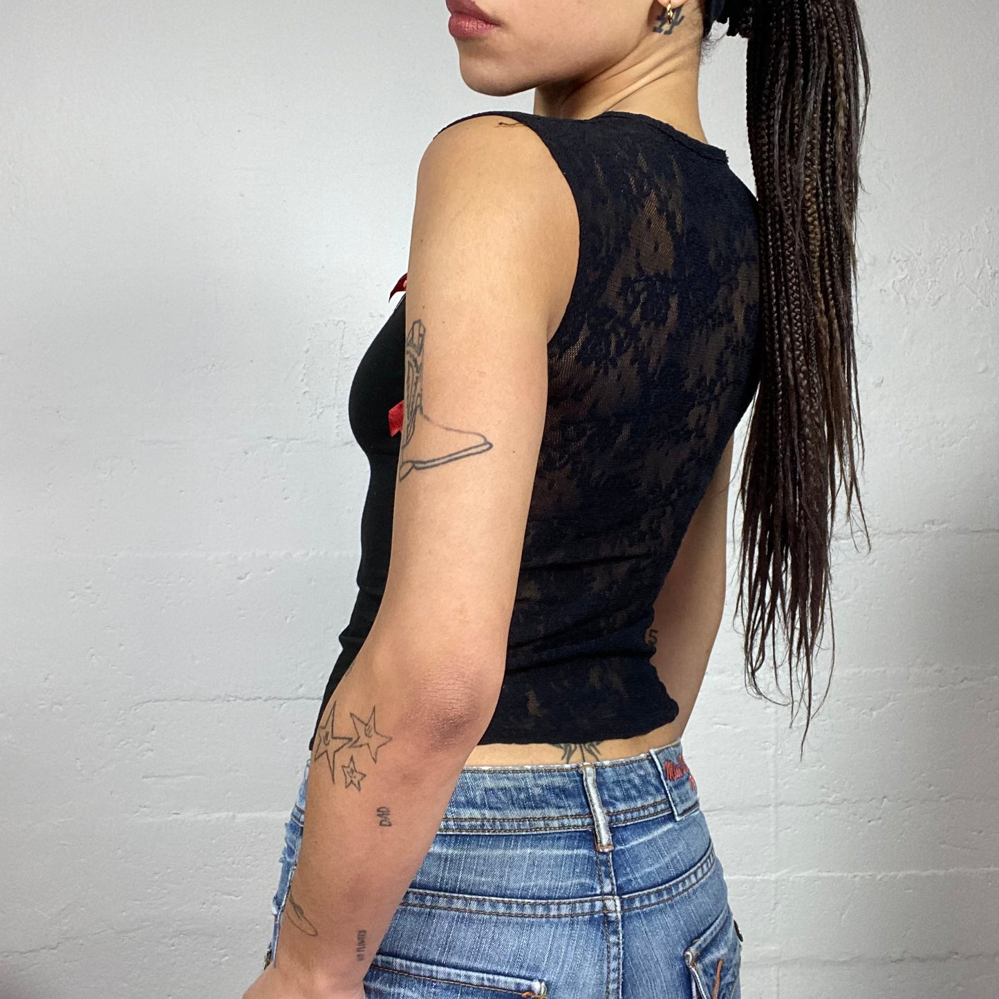 Vintage 2000's Downtown Girl Black Top with Red Side Ribbon Trim and Mesh Lace Back Detail (S)
