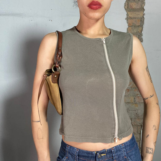 Vintage 90's Street Style Khaki Tank Top with Zipper Detail (S)