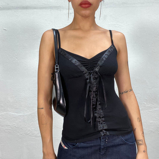 Vintage 90's Gothic Black Corset Top with Front Lace Up Detail (S)