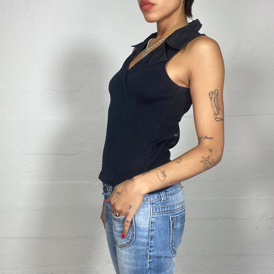 Vintage 2000's Model Off Duty Black Crossed Top with Big Collar Detail (M)