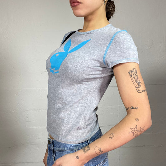 Vintage 2000's Playboy Grey Top with Blue Brand Print Detail (S)
