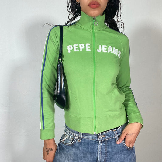 Vintage 2000's Pepe Jeans Blokette Green Zip Up Sweater with Deep Green & White Trim Detail (S)