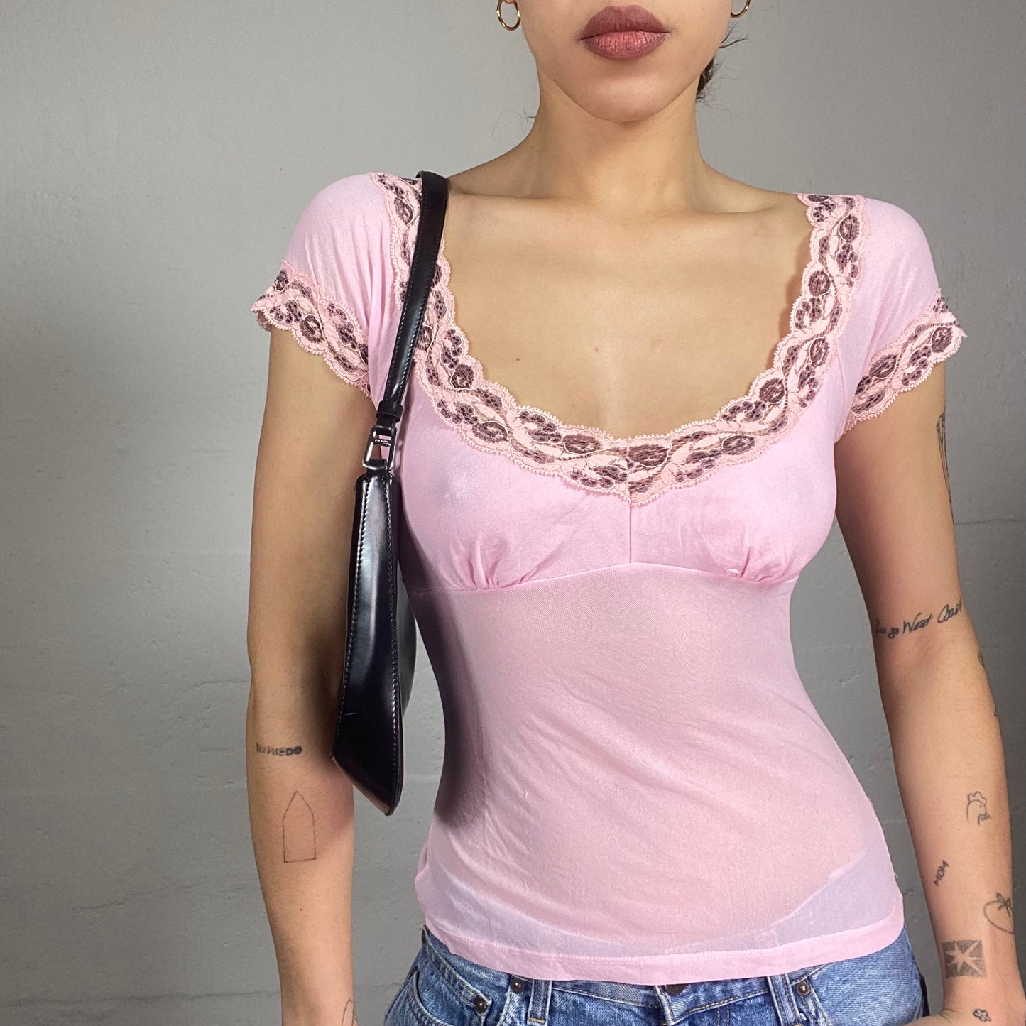 Vintage 2000's Coquette Pink Top with Lace Trim Detail (S)
