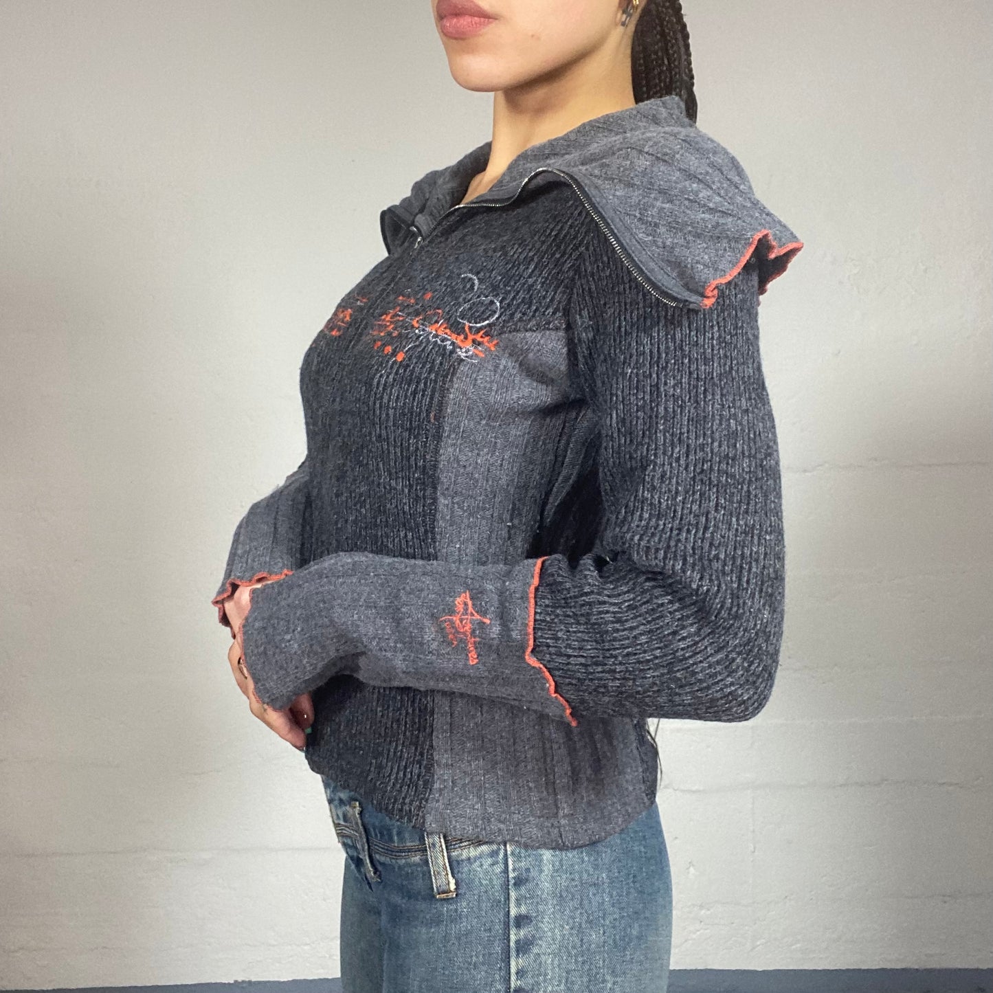 Vintage 2000's Downtown Girl Grey Zip Up Knitted Hoodie with Maxi Collar Detail (S)