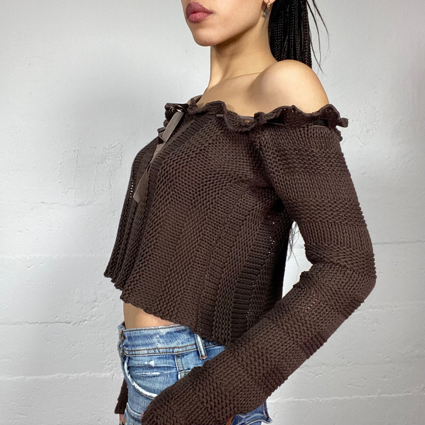 Vintage 2000's Fairy Brown Off Shoulder Knitted Jumper with Satin Lace Up Detail (S/M)