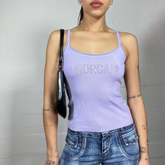 Vintage 90's Morgan Downtown Girl Lilac Top with Chenille Brand Print Detail (S)