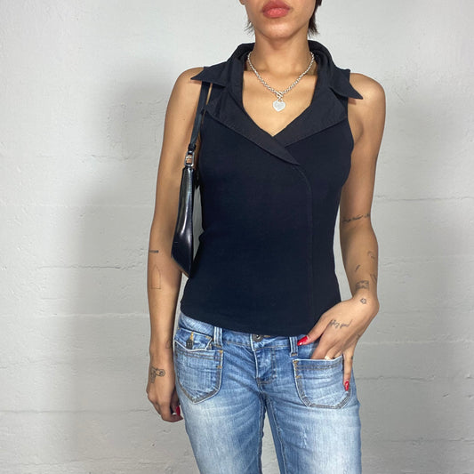 Vintage 2000's Model Off Duty Black Crossed Top with Big Collar Detail (M)