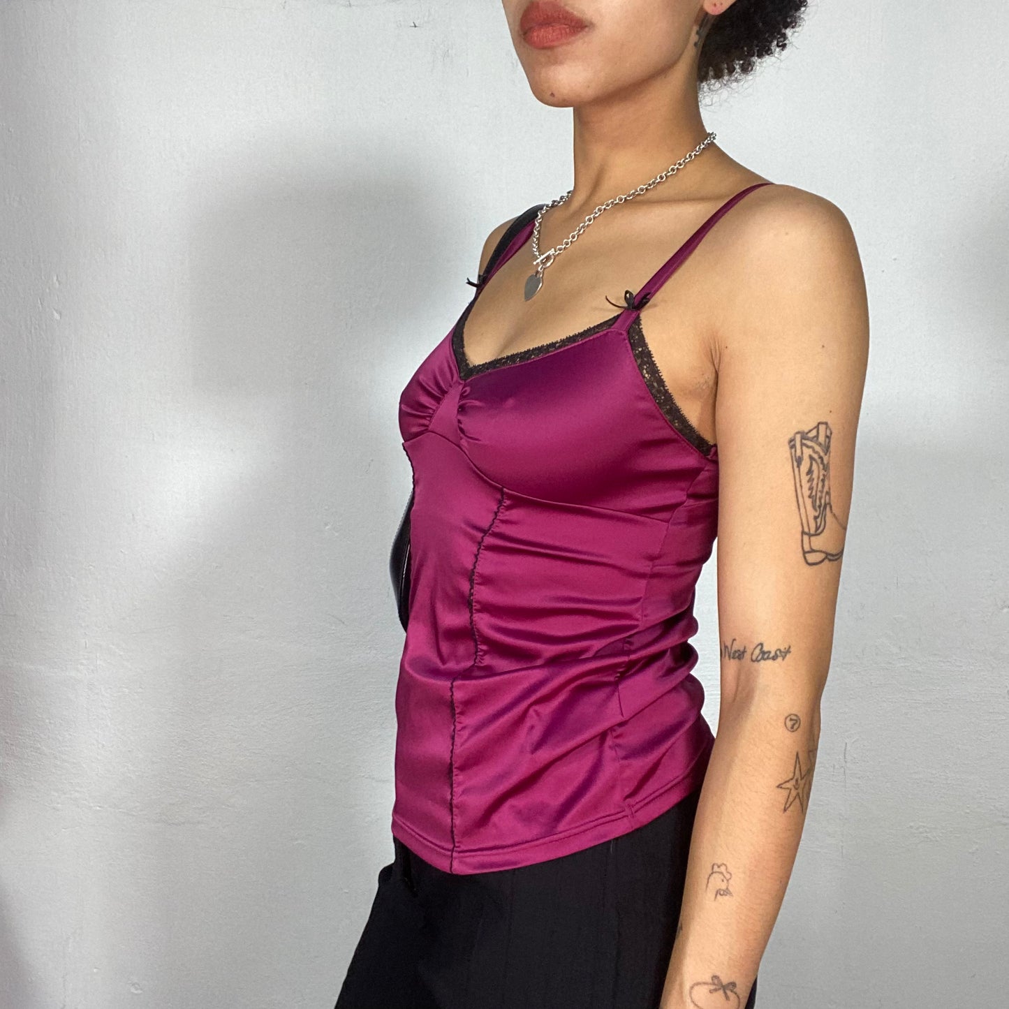 Vintage 2000's Downtown Girl Berry Pink Cami Top with Black Lace Trim (S)
