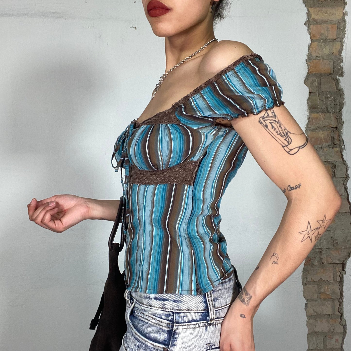 Vintage 2000's Milkmaid Blue and Brown Striped Shirt  with Brown Lace Details (S)