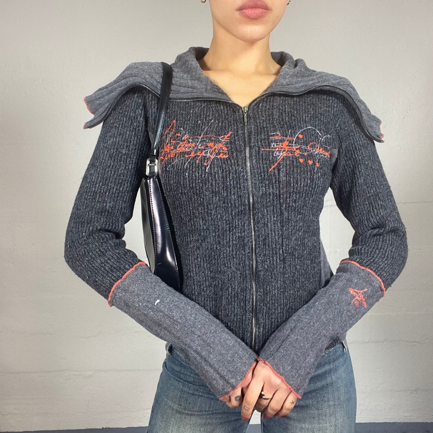 Vintage 2000's Downtown Girl Grey Zip Up Knitted Hoodie with Maxi Collar Detail (S)