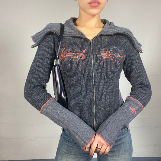 Vintage 2000's Downtown Girl Grey Zip Up Knitted Hoodie with Maxi Collar Detail (S)
