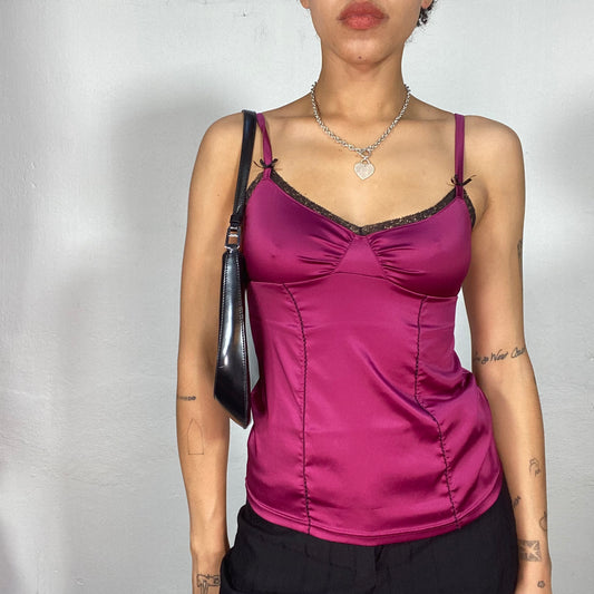 Vintage 2000's Downtown Girl Berry Pink Cami Top with Black Lace Trim (S)