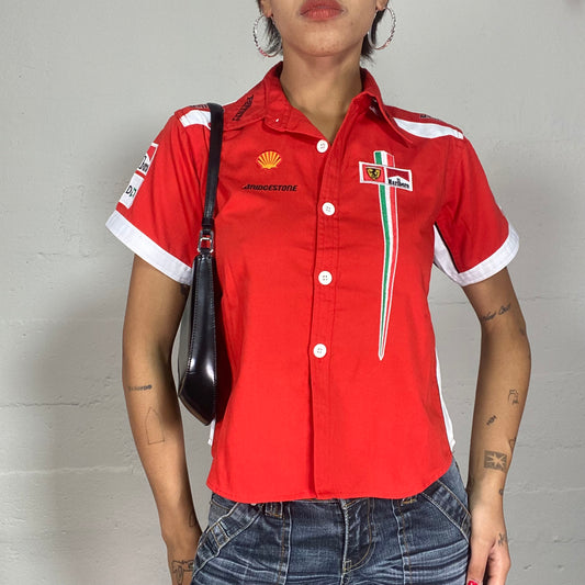 Vintage 2000's Ferrari Sporty Red Oversized Button Up Shirt with Brand Logo Print (L)