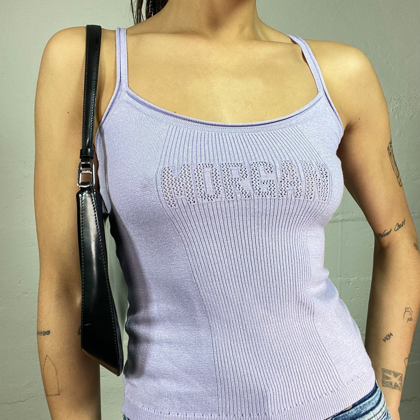 Vintage 90's Morgan Downtown Girl Lilac Top with Chenille Brand Print Detail (S)