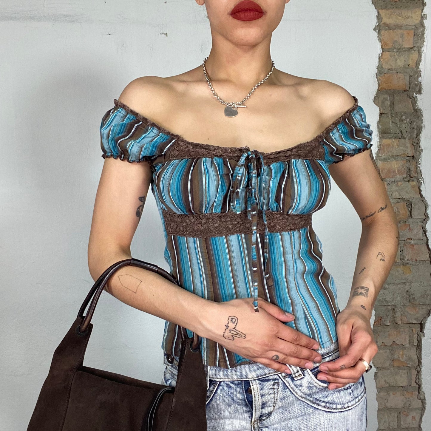 Vintage 2000's Milkmaid Blue and Brown Striped Shirt  with Brown Lace Details (S)