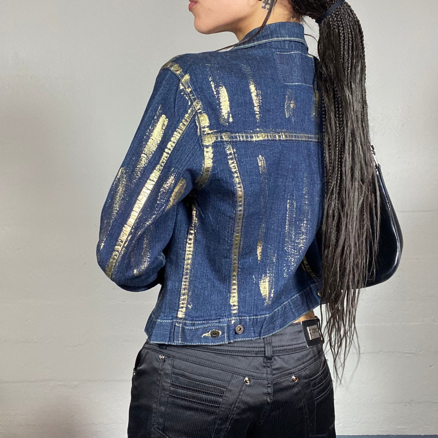 Vintage 90's College Girl Dark Denim Short Jacket with Glitter Covering Detail (S/M)