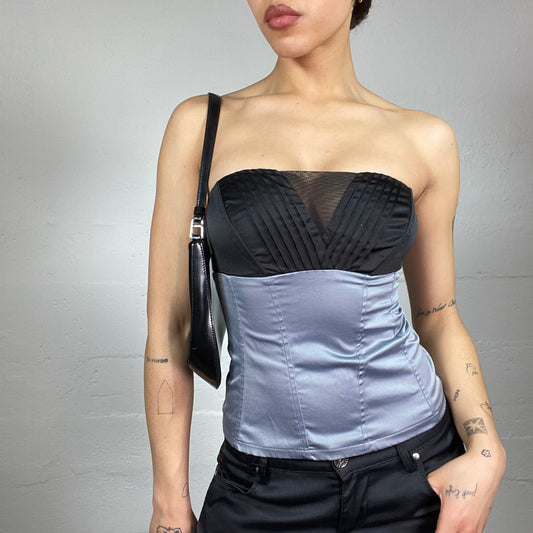 Vintage 2000's Office Girl Grey Satin Strapless Corset Top with Heart Neckline Detail (S)