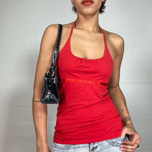 Vintage 2000's Downtown Girl Red Neckholder Top with Satin Trim Detail (S)