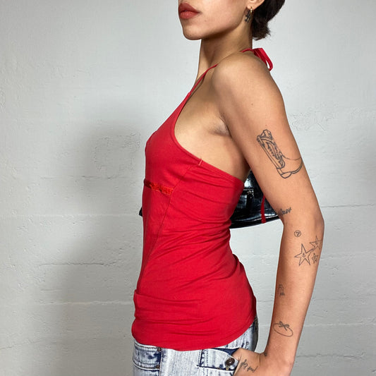 Vintage 2000's Downtown Girl Red Neckholder Top with Satin Trim Detail (S)