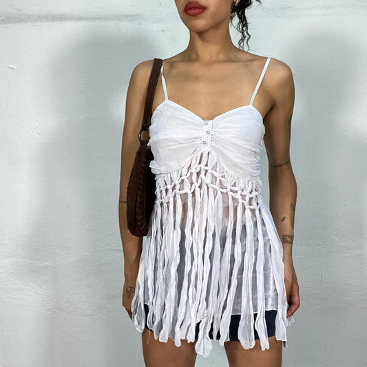 Vintage 90's Festival White Top with Ripped Deconstructed Look (S/M)