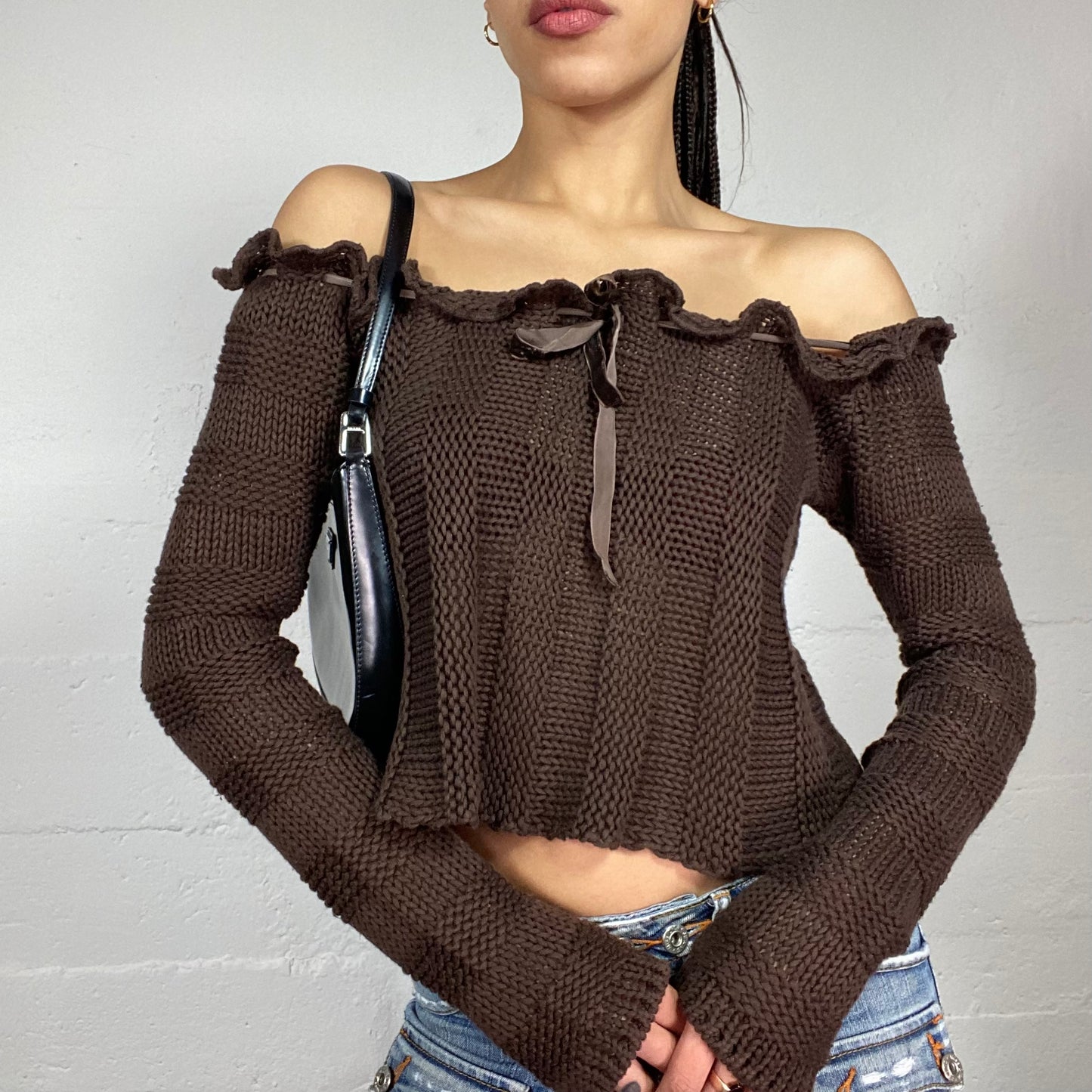 Vintage 2000's Fairy Brown Off Shoulder Knitted Jumper with Satin Lace Up Detail (S/M)