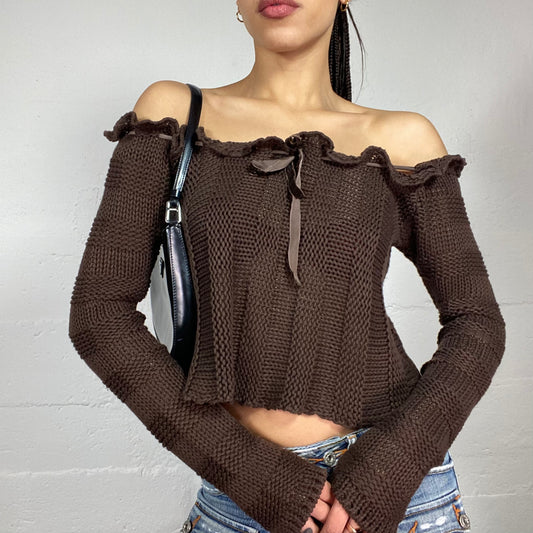 Vintage 2000's Fairy Brown Off Shoulder Knitted Jumper with Satin Lace Up Detail (S/M)