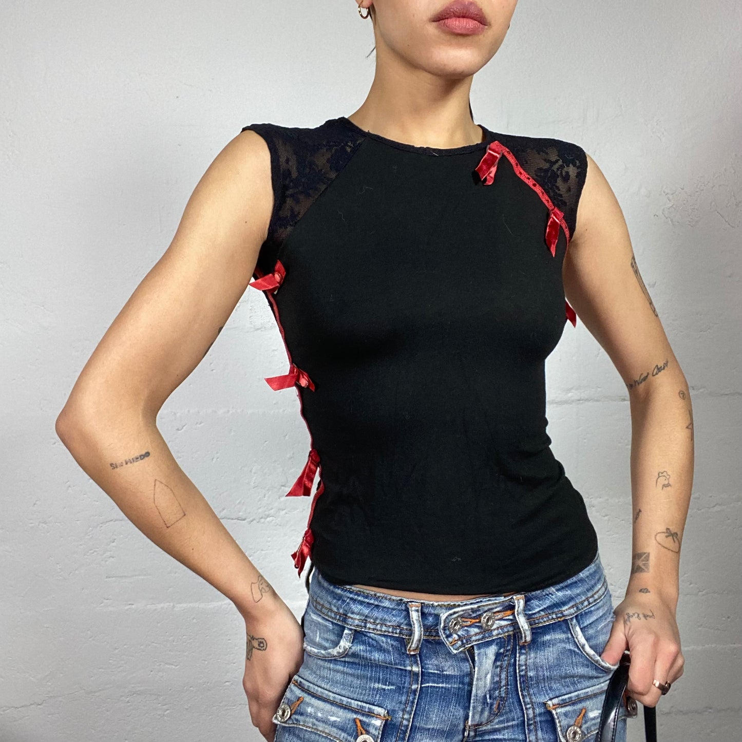 Vintage 2000's Downtown Girl Black Top with Red Side Ribbon Trim and Mesh Lace Back Detail (S)