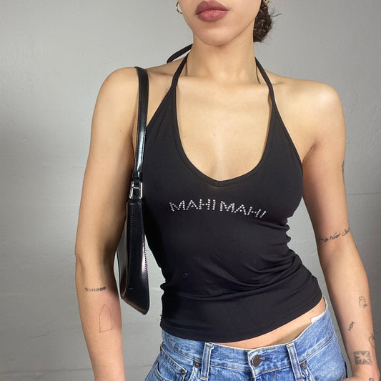 Vintage 2000's Clubwear Black Neckholder Top with "MahiMahi" Front Strass Print (S/M)