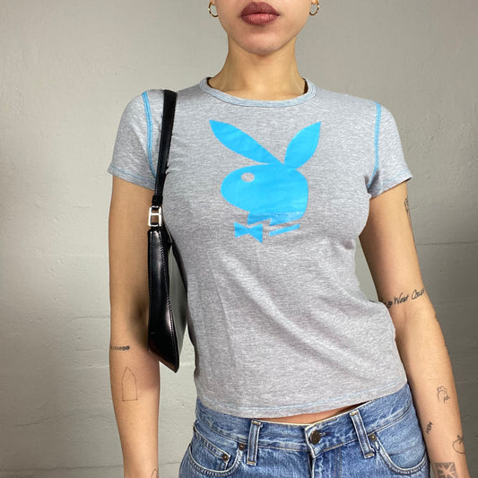 Vintage 2000's Playboy Grey Top with Blue Brand Print Detail (S)