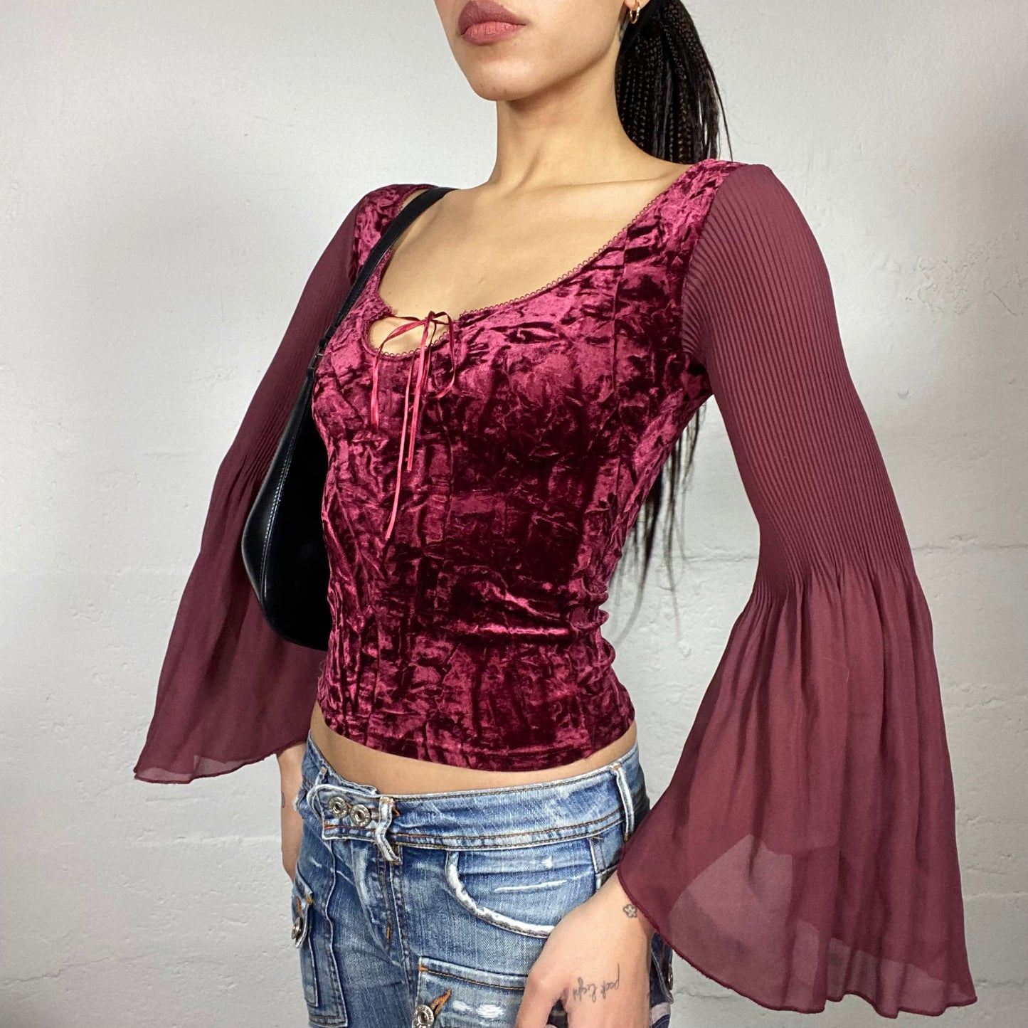 Vintage 90's Vampy Garnet Angel Sleeves Top with Velvet Body Detail (S)