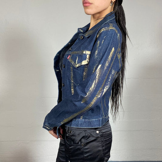 Vintage 90's College Girl Dark Denim Short Jacket with Glitter Covering Detail (S/M)