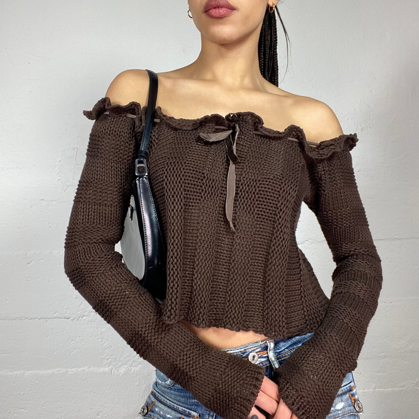 Vintage 2000's Fairy Brown Off Shoulder Knitted Jumper with Satin Lace Up Detail (S/M)