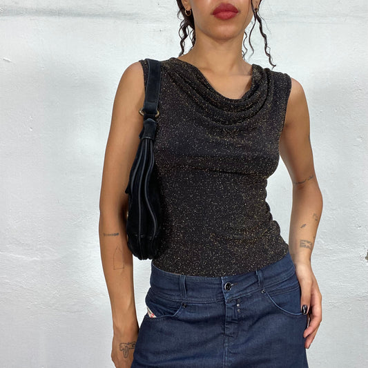 Vintage 2000's Clubwear Black Glitter Top with Draped Neck Detail (S)