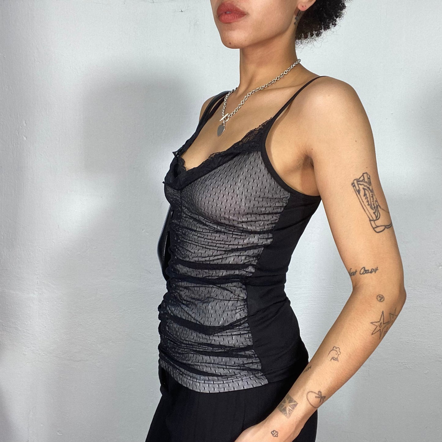 Vintage 2000's Coquette Black Mesh Cami Top with Lace Trim (S)