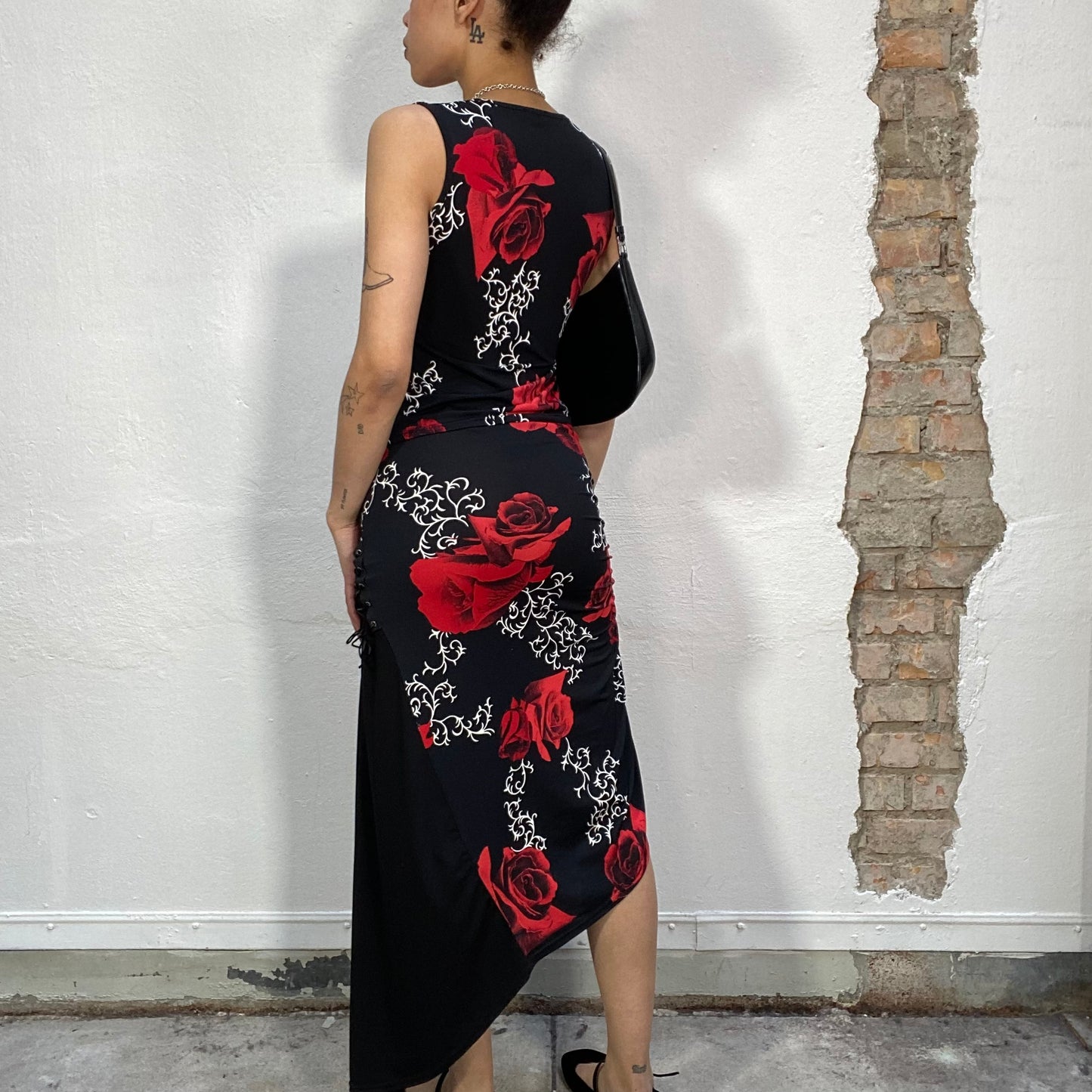 Vintage 90's Punky Black Set with Red Rose and White Ornament Print (S)