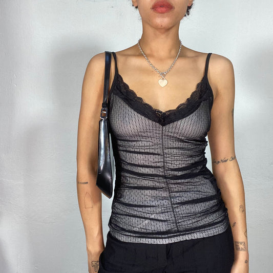 Vintage 2000's Coquette Black Mesh Cami Top with Lace Trim (S)