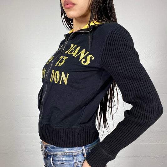Vintage 2000's Pepe Jeans College Girl Black Zip Up Sweater with Yellow Brand Print (S/M)