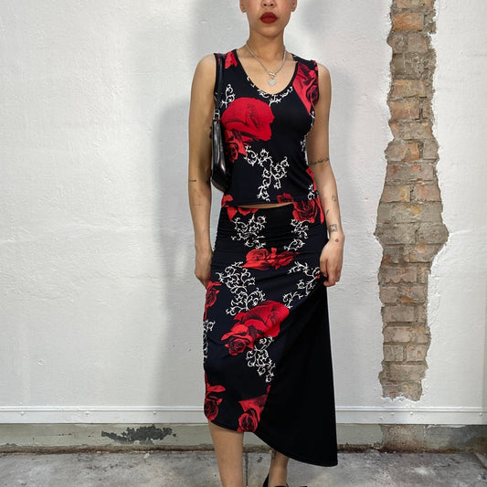 Vintage 90's Punky Black Set with Red Rose and White Ornament Print (S)