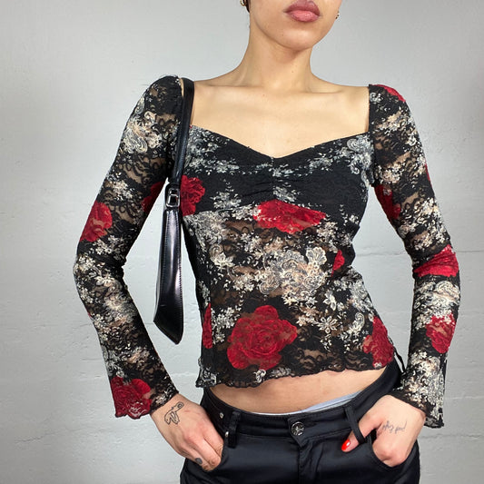 Vintage 2000's Whimsigoth Black Longsleeve Lace Covering Top with Red Rose Maxi Print (S/M)