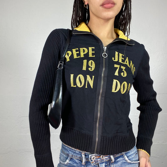 Vintage 2000's Pepe Jeans College Girl Black Zip Up Sweater with Yellow Brand Print (S/M)