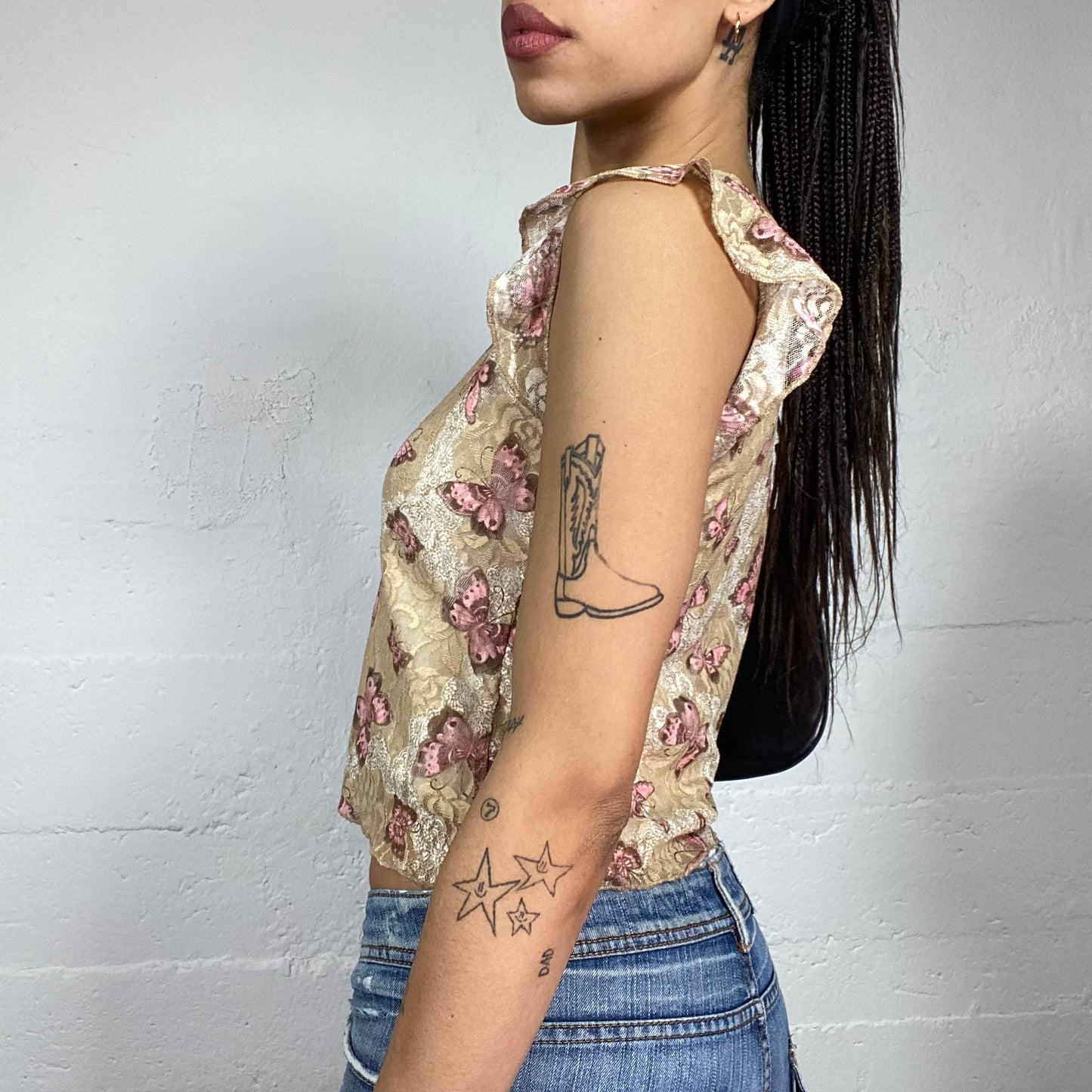 Vintage 2000's Downtown Girl Beige Top with Pink Butterflies Print (S)