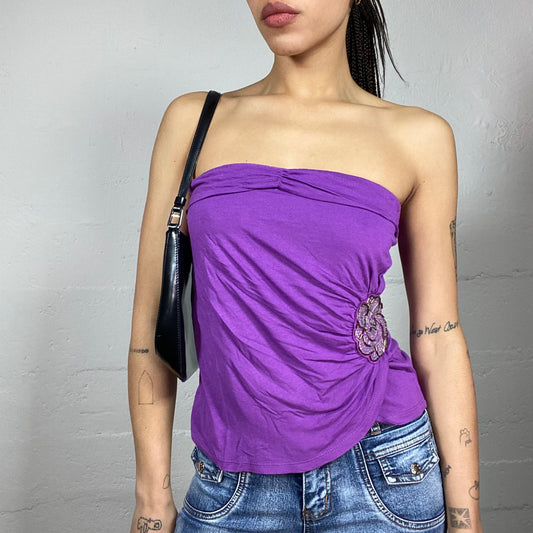 Vintage 2000's Morgan Clubwear Purple Strapless Top with Rhinestones Rosette Detail (S)