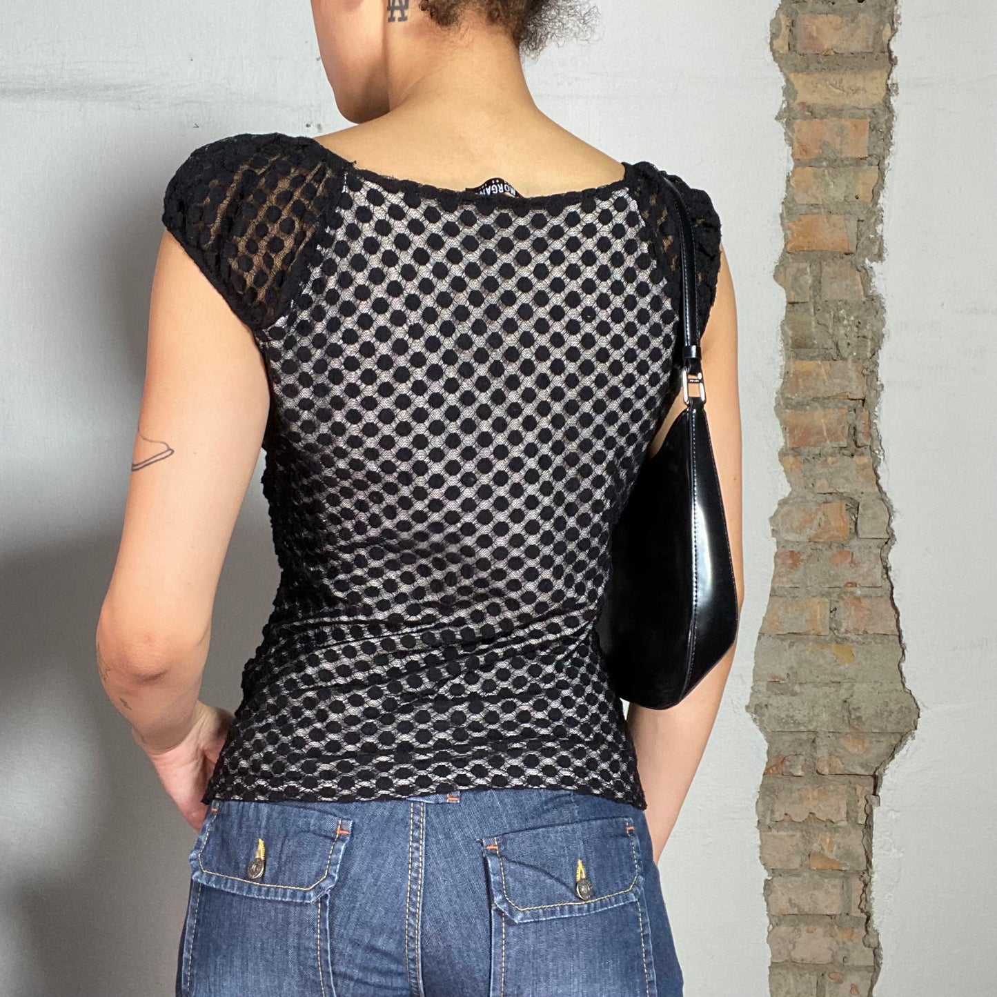 Vintage 2000's Coquette Black Polka Dot Mesh Top with Lace Trim (S/M)