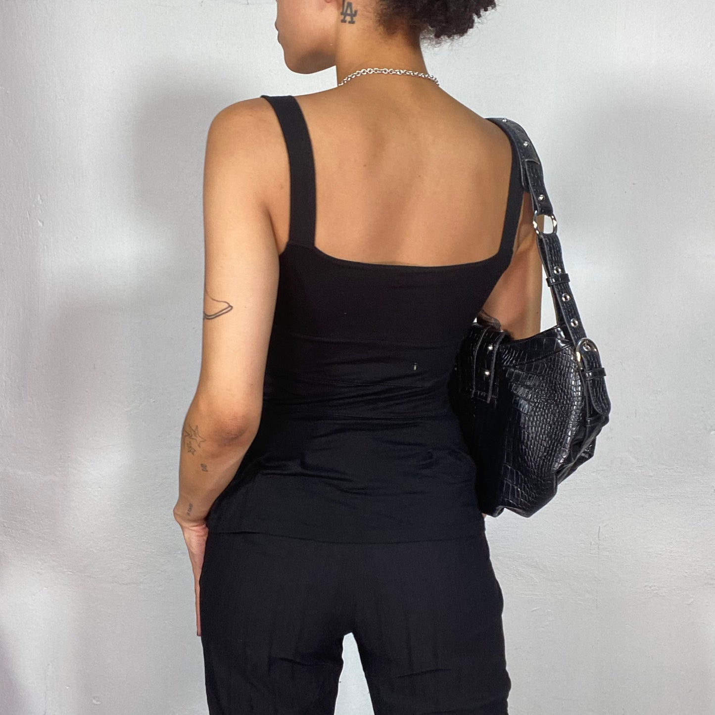 Vintage 2000's Downtown Girl Black Top with Button and Hook and Eye Detail (S)