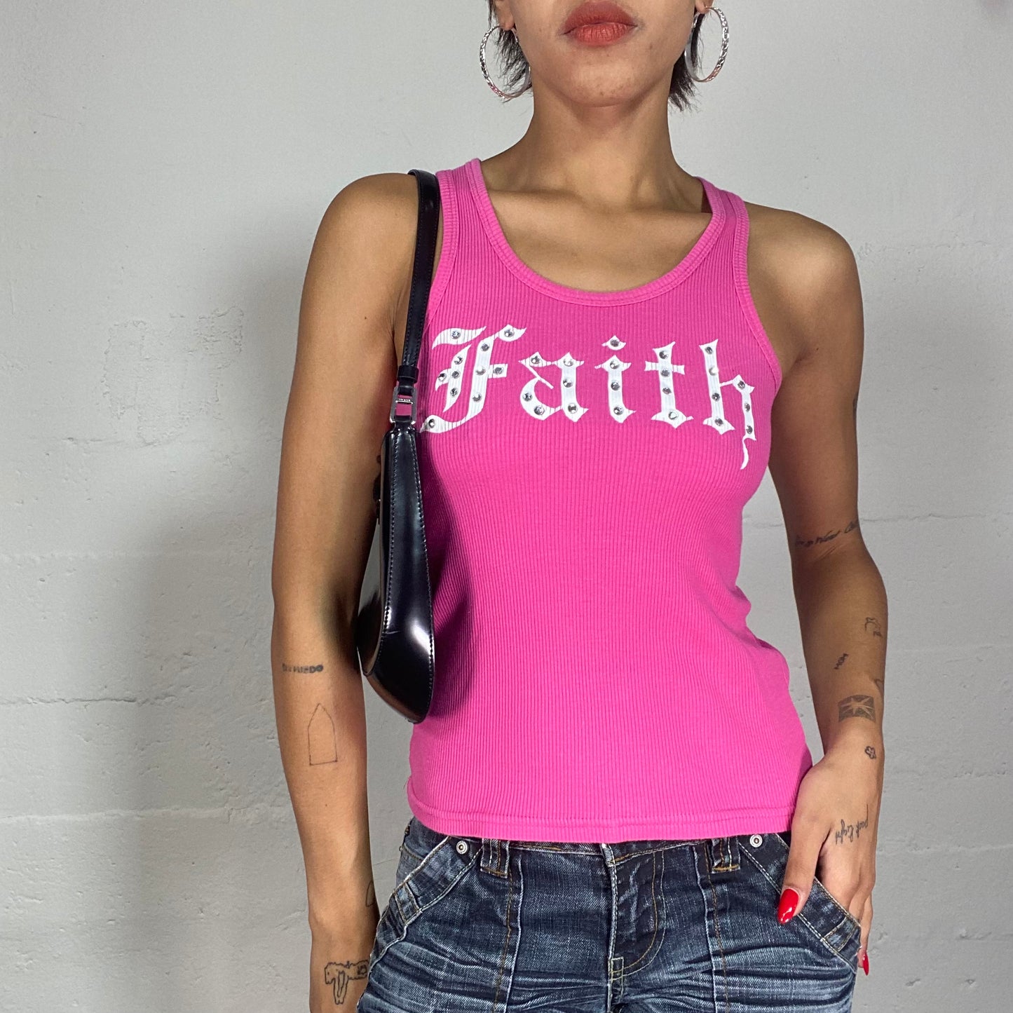 Vintage 2000's Barbie Core Pink Top with White "Faith" Print and Rhinestones Detail (S)