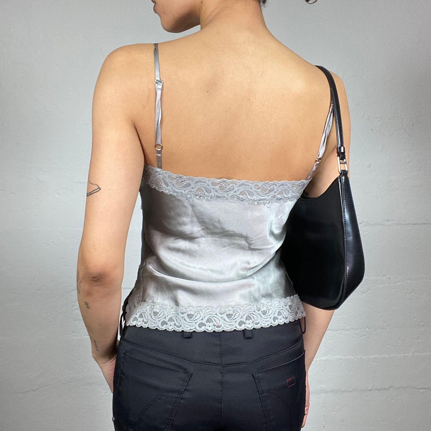 Vintage 2000's Romantic Pearl Grey Satin Top with lace Trim Detail (S)