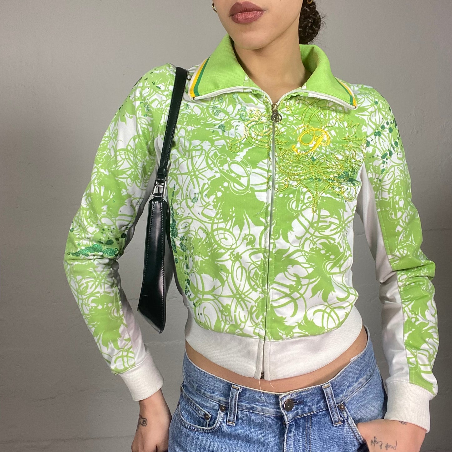 Vintage 2000's Pepe Jeans  Hot Green Zip Up Hoodie with 'Fantasy' Print (S)