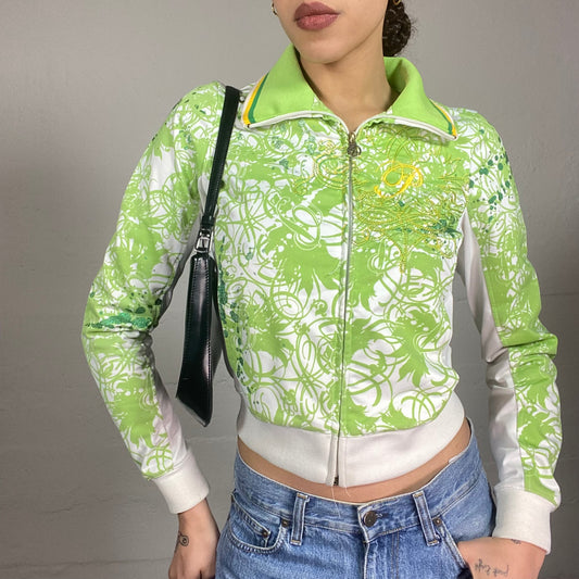 Vintage 2000's Pepe Jeans Hot Green Zip Up Hoodie with 'Fantasy' Print (S)