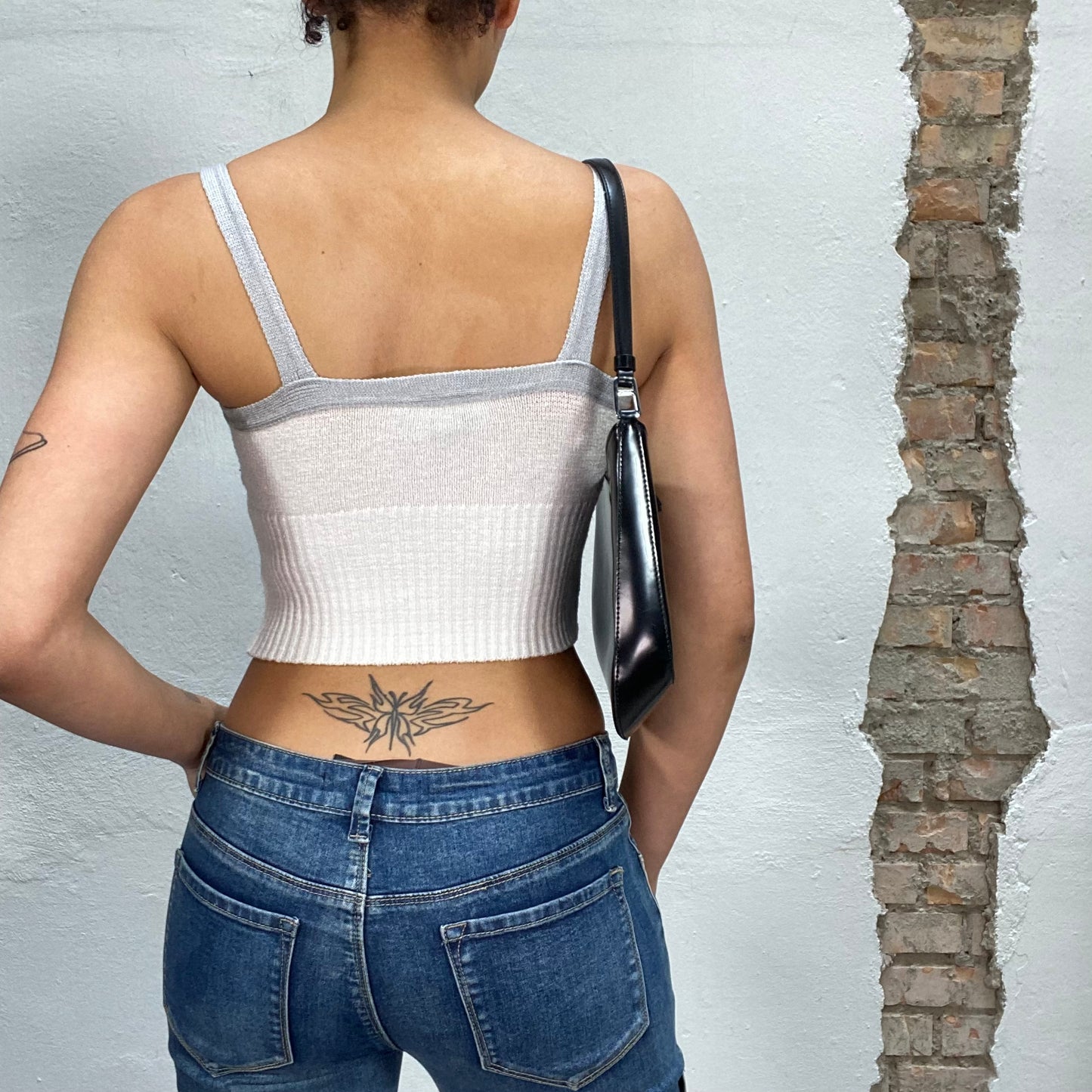 Vintage 2000's Streetstyle White Knit Crop Top with Skater Girl Print (S)